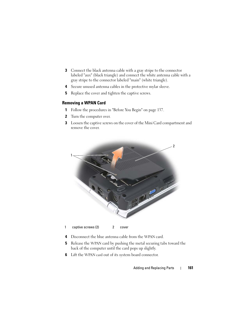 Removing a wpan card | Dell Inspiron 1720 (Mid 2007) User Manual | Page 161 / 220