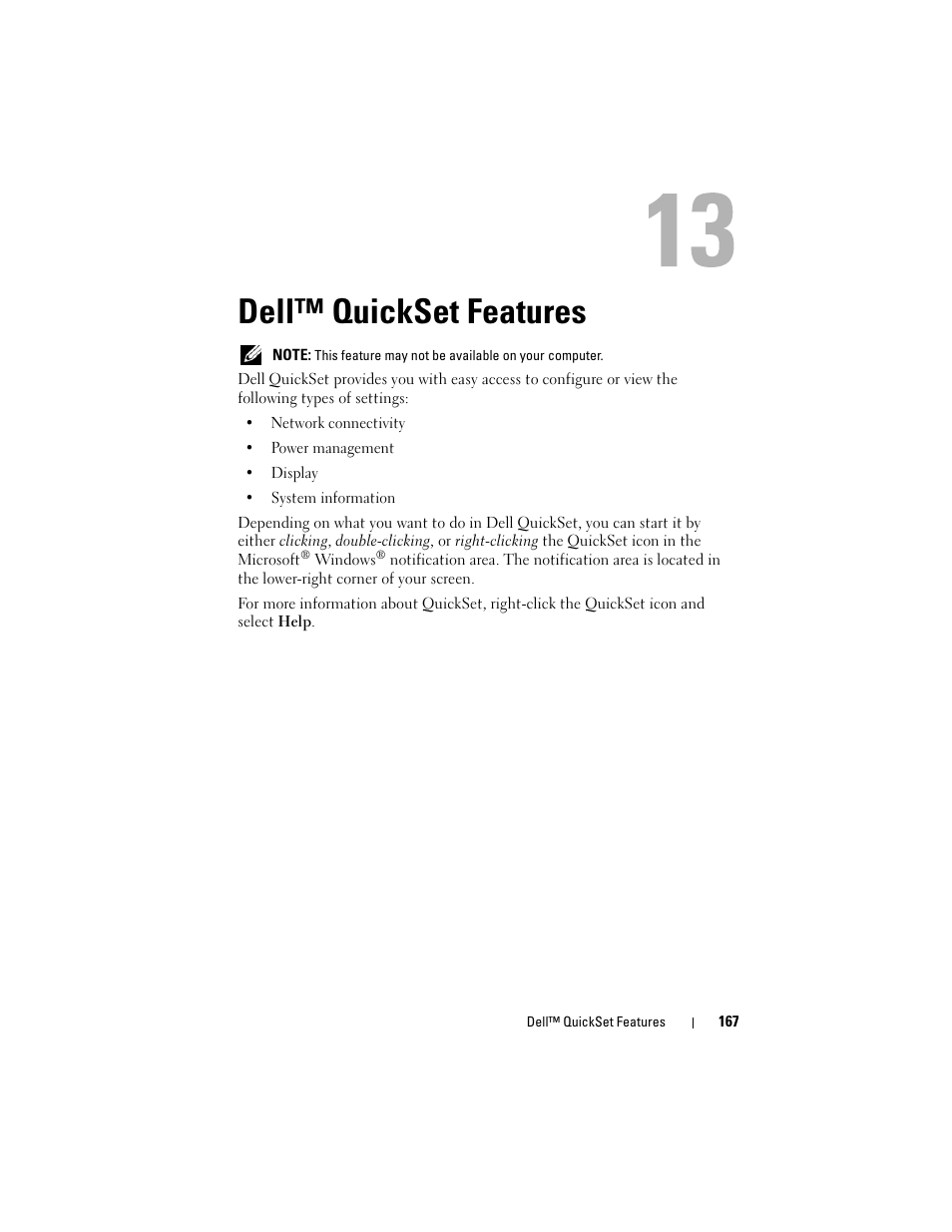 Dell™ quickset features | Dell Inspiron 1720 (Mid 2007) User Manual | Page 167 / 220