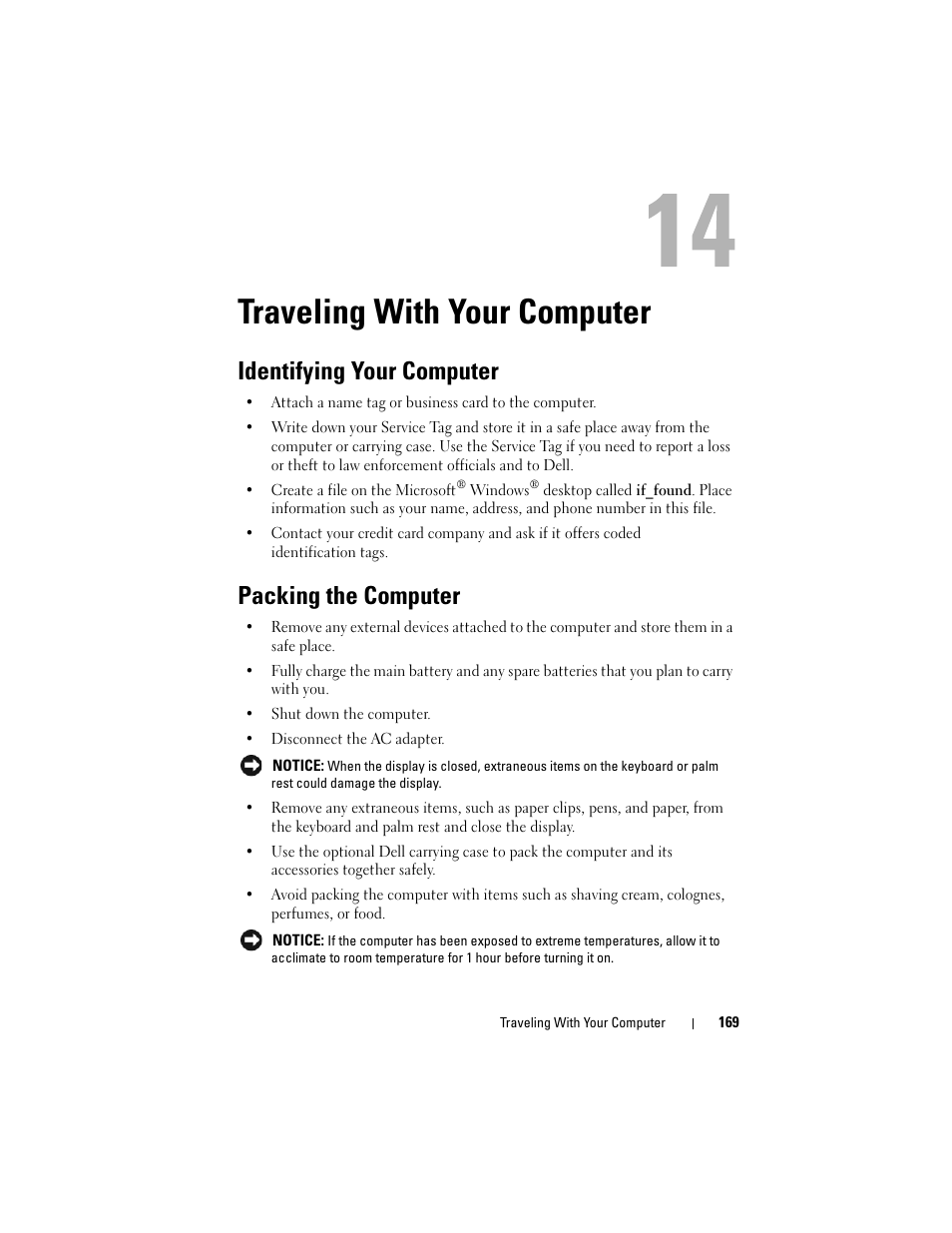 Traveling with your computer, Identifying your computer, Packing the computer | Dell Inspiron 1720 (Mid 2007) User Manual | Page 169 / 220