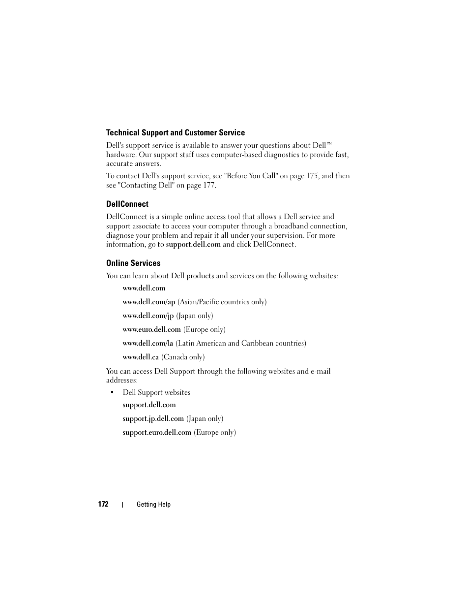 Technical support and customer service, Dellconnect, Online services | Dell Inspiron 1720 (Mid 2007) User Manual | Page 172 / 220