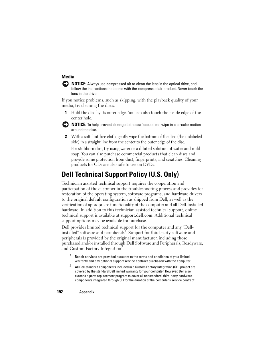 Media, Dell technical support policy (u.s. only) | Dell Inspiron 1720 (Mid 2007) User Manual | Page 192 / 220