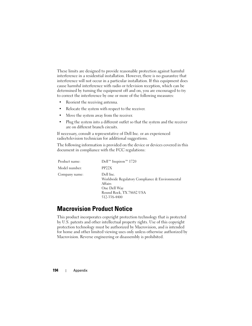 Macrovision product notice | Dell Inspiron 1720 (Mid 2007) User Manual | Page 194 / 220