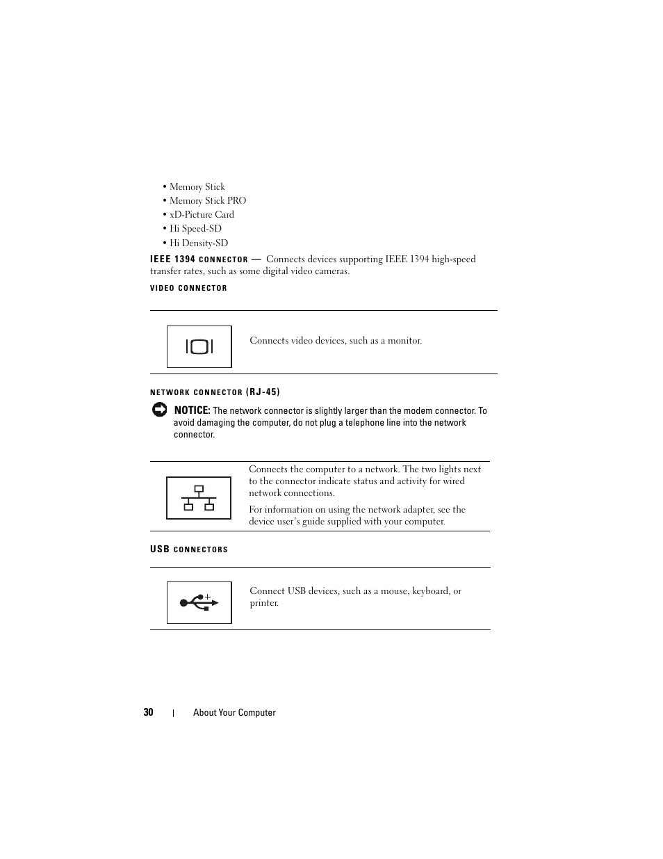 Network connector (rj-45), Video connector, Ieee 1394 connector | Dell Inspiron 1720 (Mid 2007) User Manual | Page 30 / 220