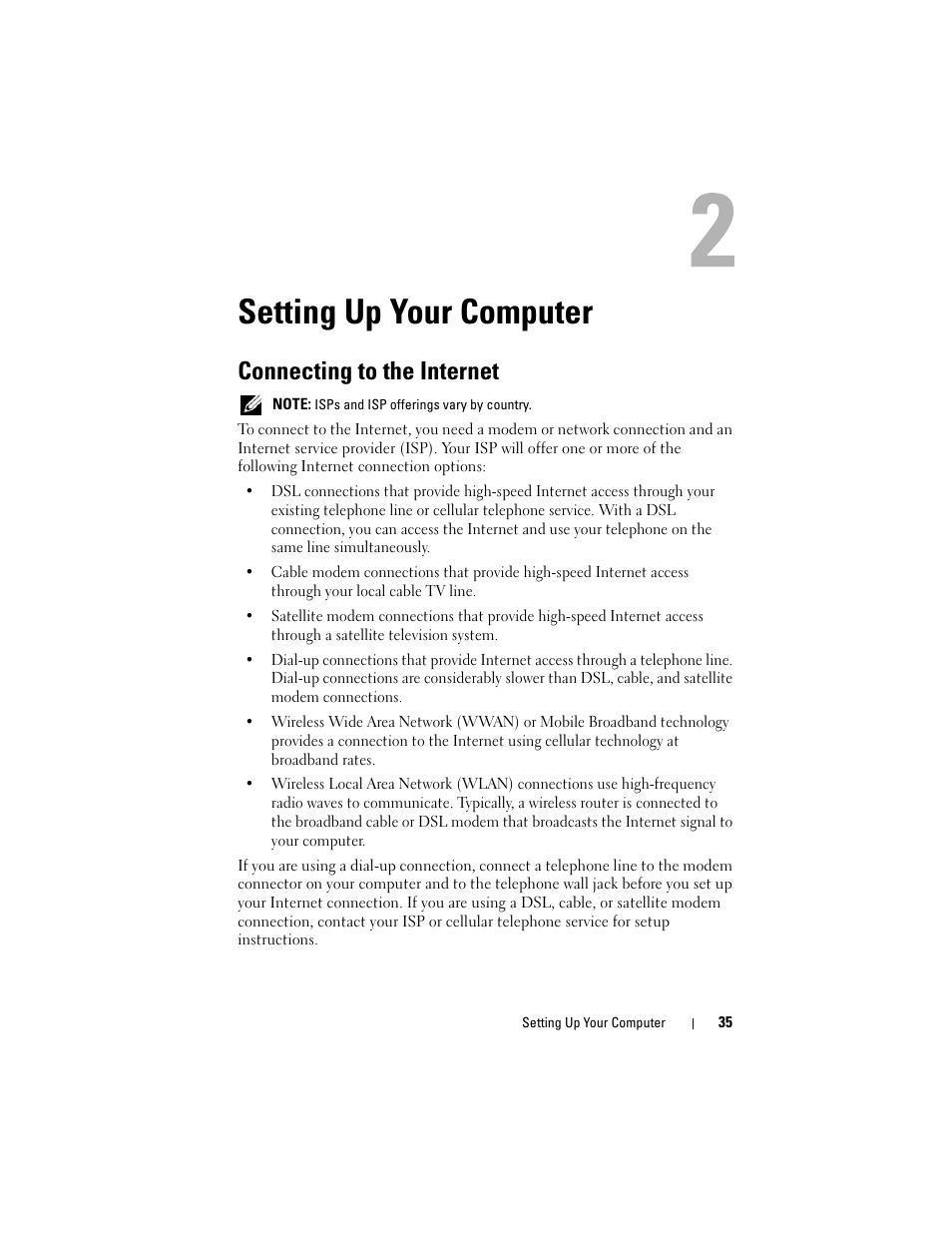 Setting up your computer, Connecting to the internet | Dell Inspiron 1720 (Mid 2007) User Manual | Page 35 / 220