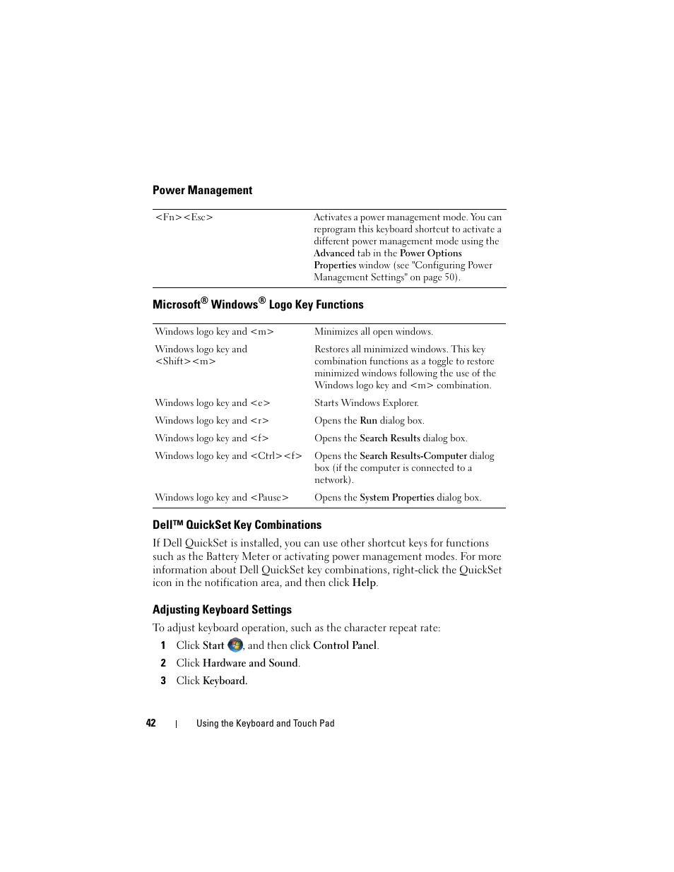 Power management, Microsoft® windows® logo key functions, Dell™ quickset key combinations | Adjusting keyboard settings | Dell Inspiron 1720 (Mid 2007) User Manual | Page 42 / 220