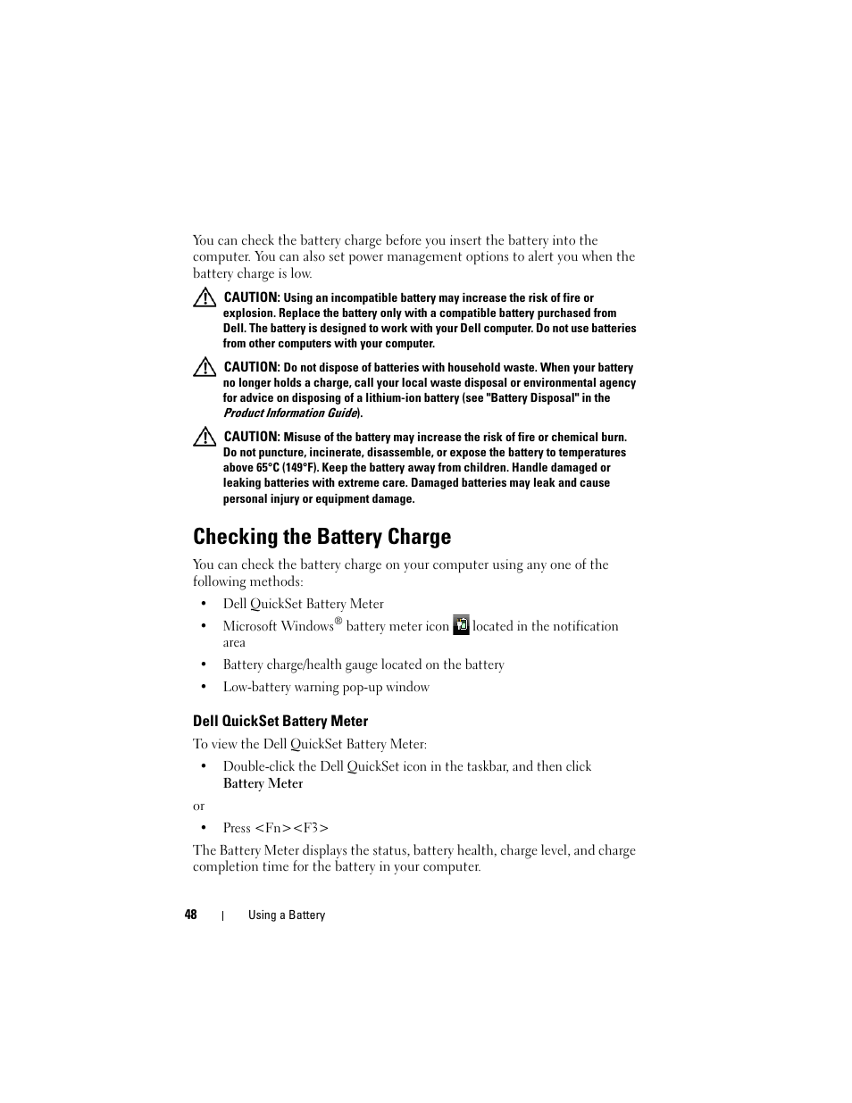 Checking the battery charge, Dell quickset battery meter | Dell Inspiron 1720 (Mid 2007) User Manual | Page 48 / 220