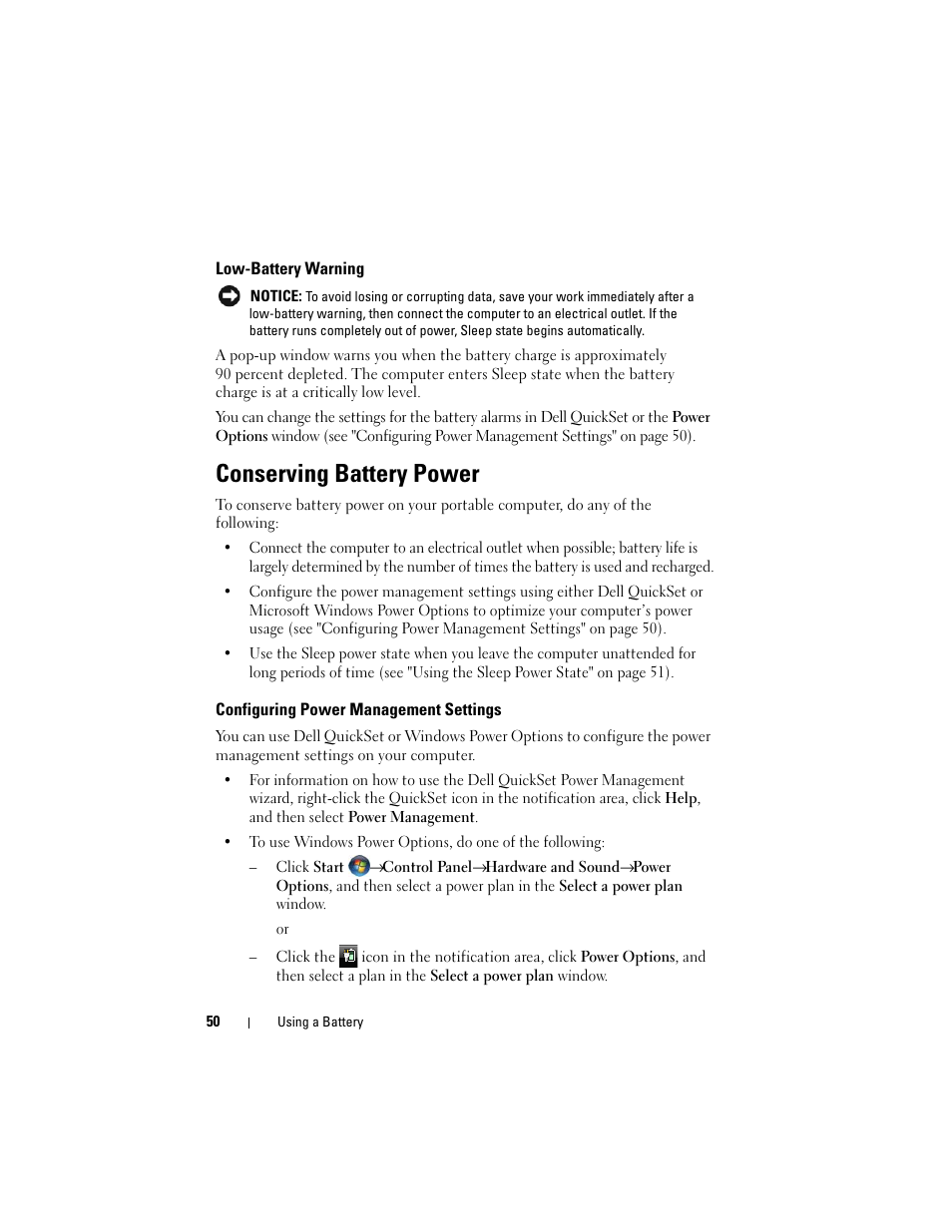 Low-battery warning, Conserving battery power, Configuring power management settings | Dell Inspiron 1720 (Mid 2007) User Manual | Page 50 / 220