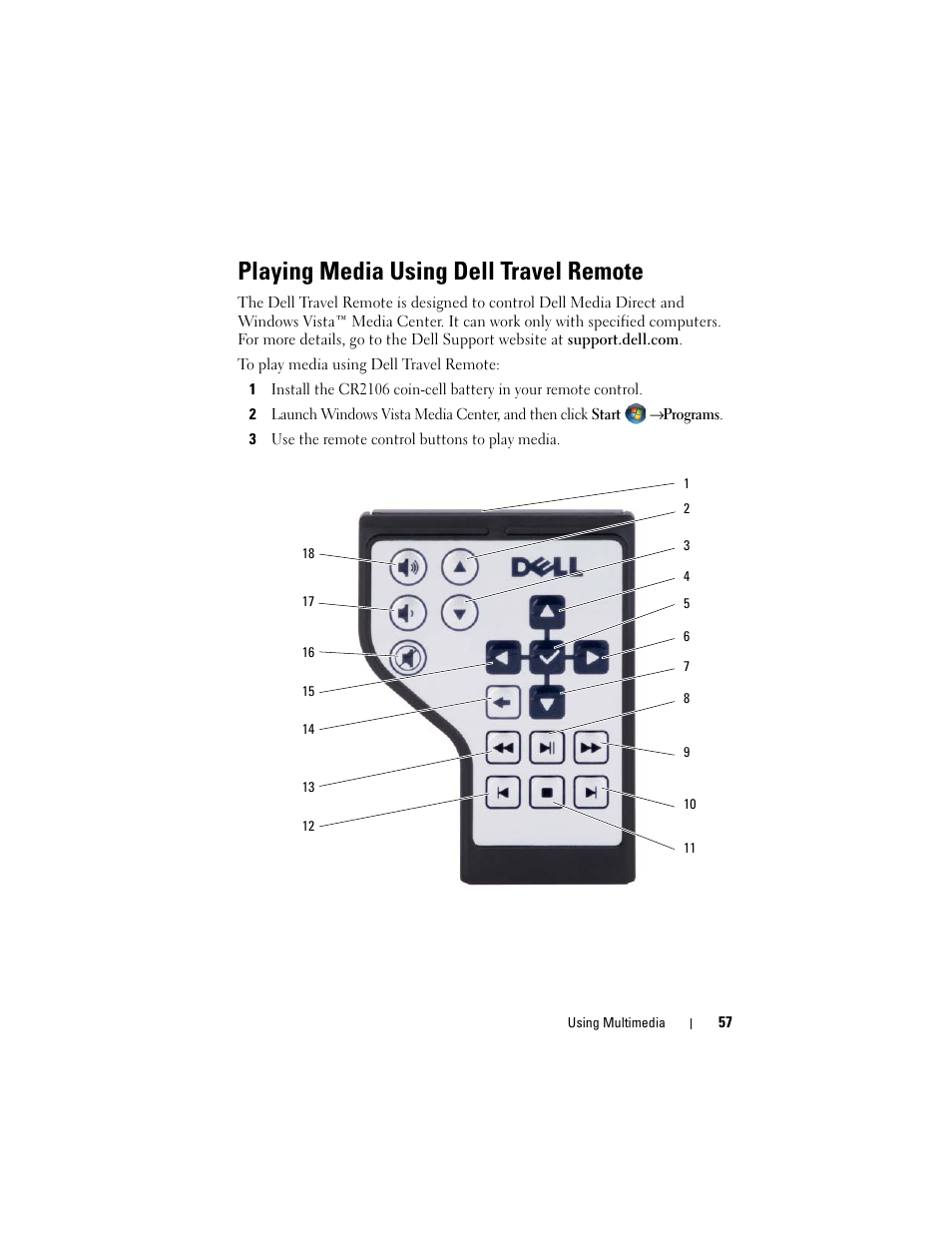 Playing media using dell travel remote | Dell Inspiron 1720 (Mid 2007) User Manual | Page 57 / 220