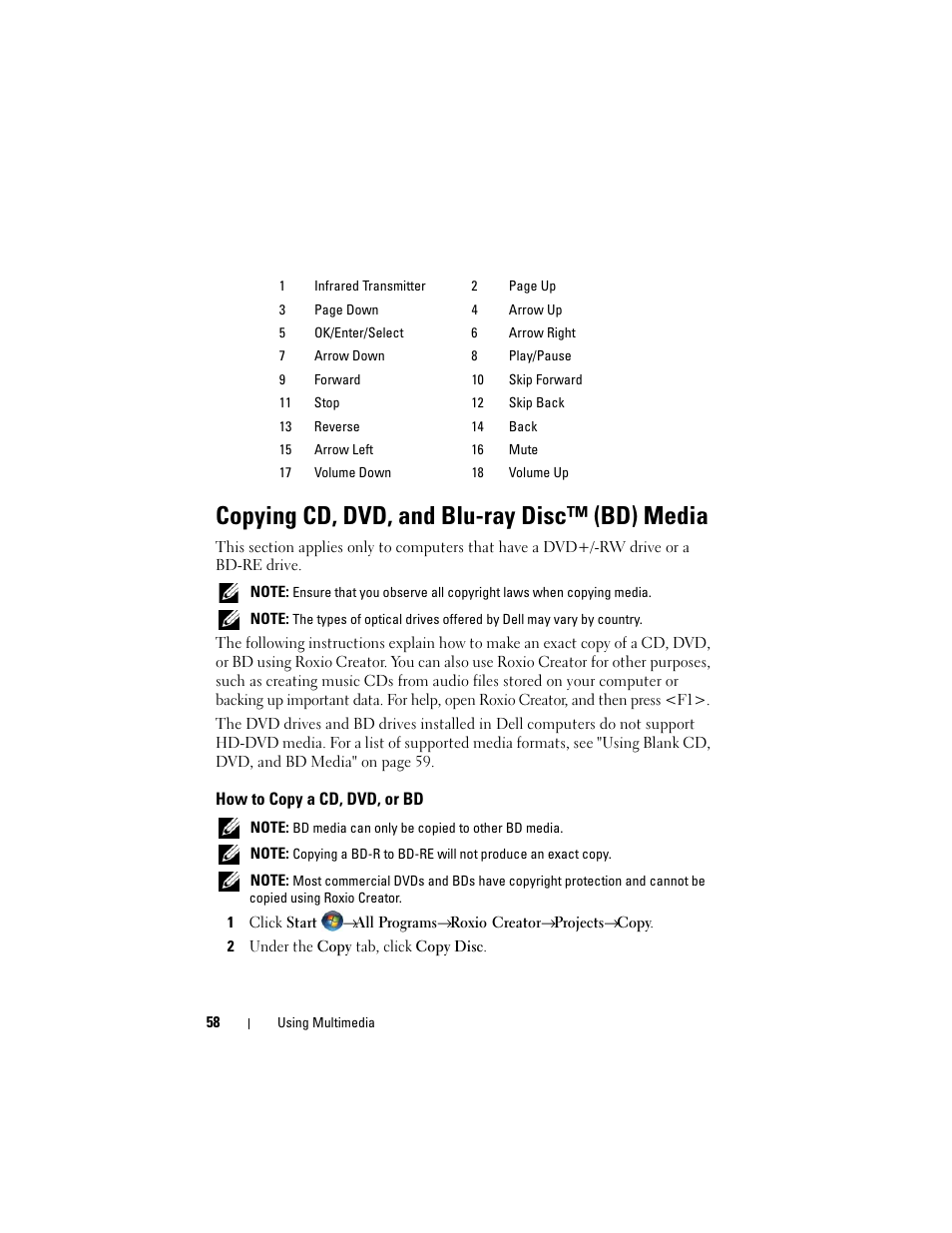 Copying cd, dvd, and blu-ray disc™ (bd) media, How to copy a cd, dvd, or bd | Dell Inspiron 1720 (Mid 2007) User Manual | Page 58 / 220