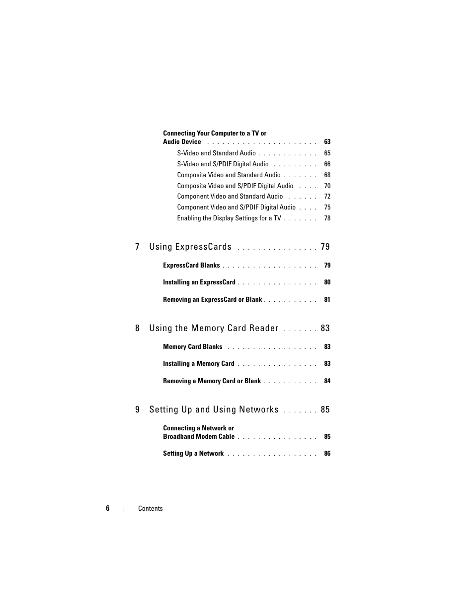 7using expresscards, 9setting up and using networks | Dell Inspiron 1720 (Mid 2007) User Manual | Page 6 / 220