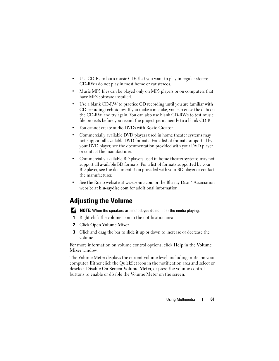 Adjusting the volume | Dell Inspiron 1720 (Mid 2007) User Manual | Page 61 / 220