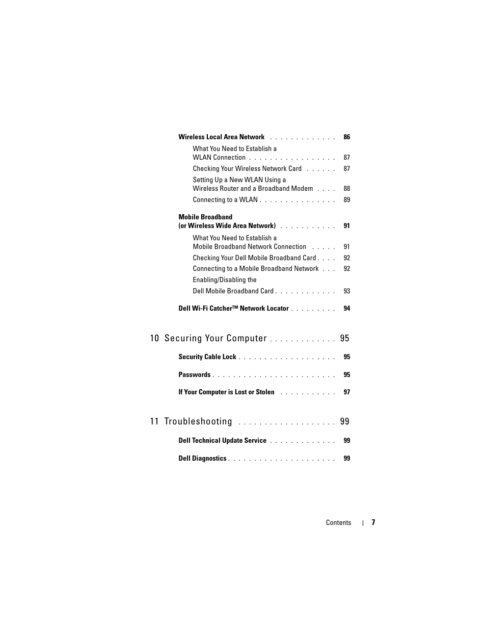 10 securing your computer, 11 troubleshooting | Dell Inspiron 1720 (Mid 2007) User Manual | Page 7 / 220