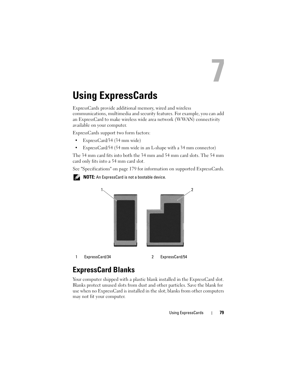 Using expresscards, Expresscard blanks, Formation see "using expresscards" on | Dell Inspiron 1720 (Mid 2007) User Manual | Page 79 / 220