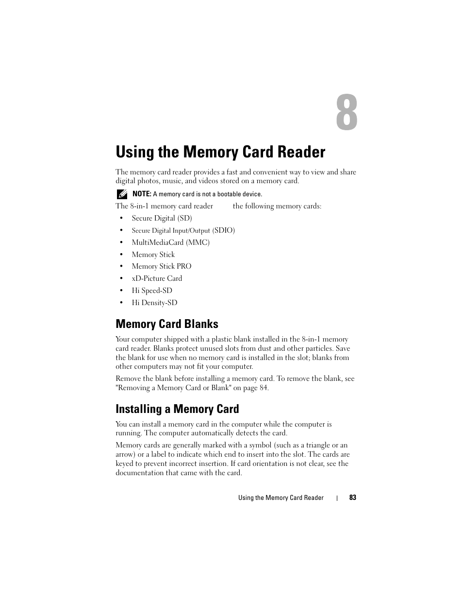 Using the memory card reader, Memory card blanks, Installing a memory card | Dell Inspiron 1720 (Mid 2007) User Manual | Page 83 / 220