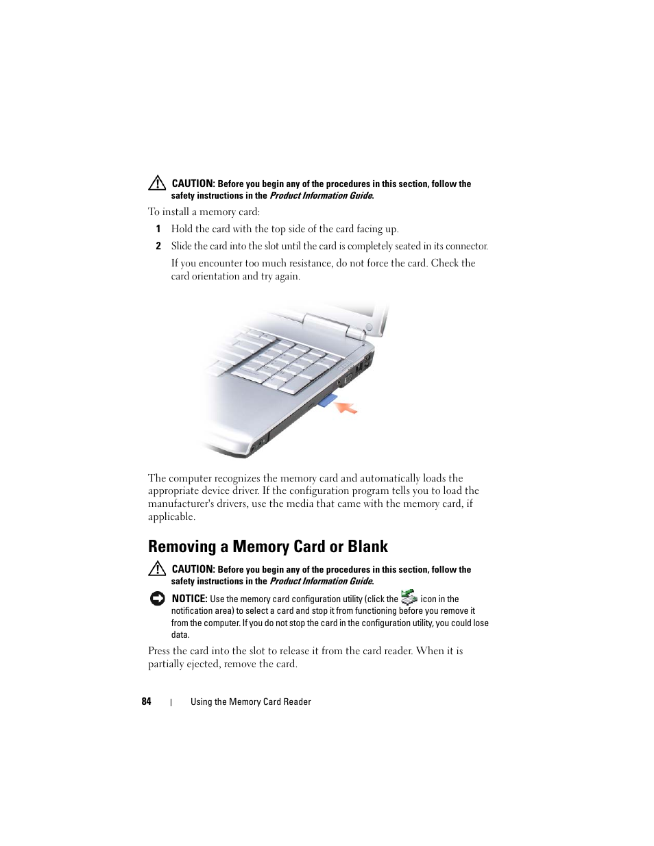 Removing a memory card or blank | Dell Inspiron 1720 (Mid 2007) User Manual | Page 84 / 220