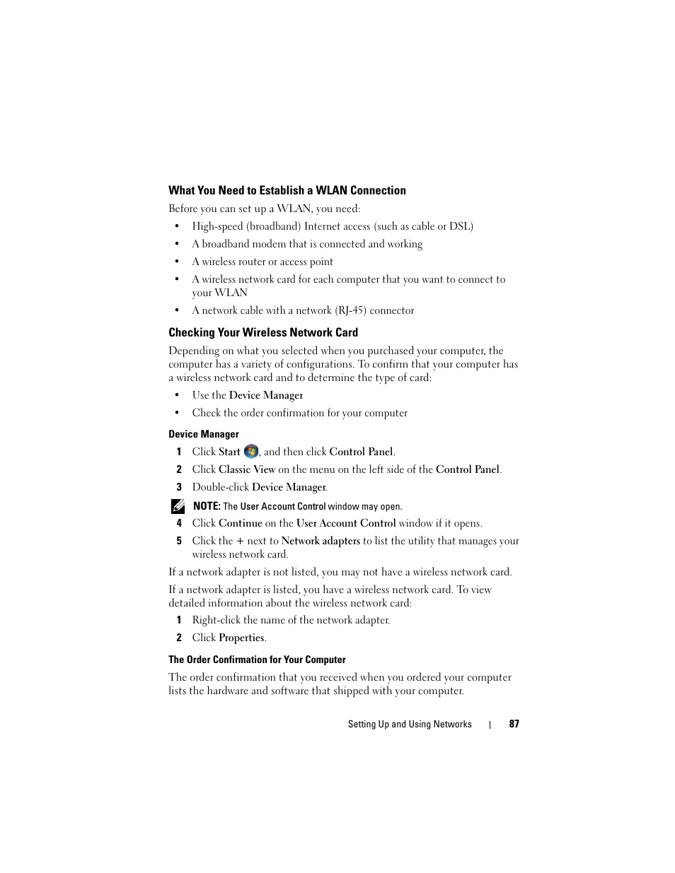 What you need to establish a wlan connection, Checking your wireless network card | Dell Inspiron 1720 (Mid 2007) User Manual | Page 87 / 220