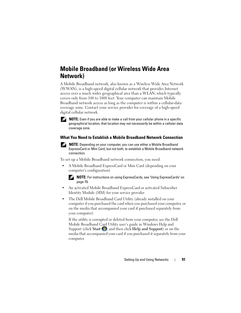 Mobile broadband (or wireless wide area network) | Dell Inspiron 1720 (Mid 2007) User Manual | Page 91 / 220
