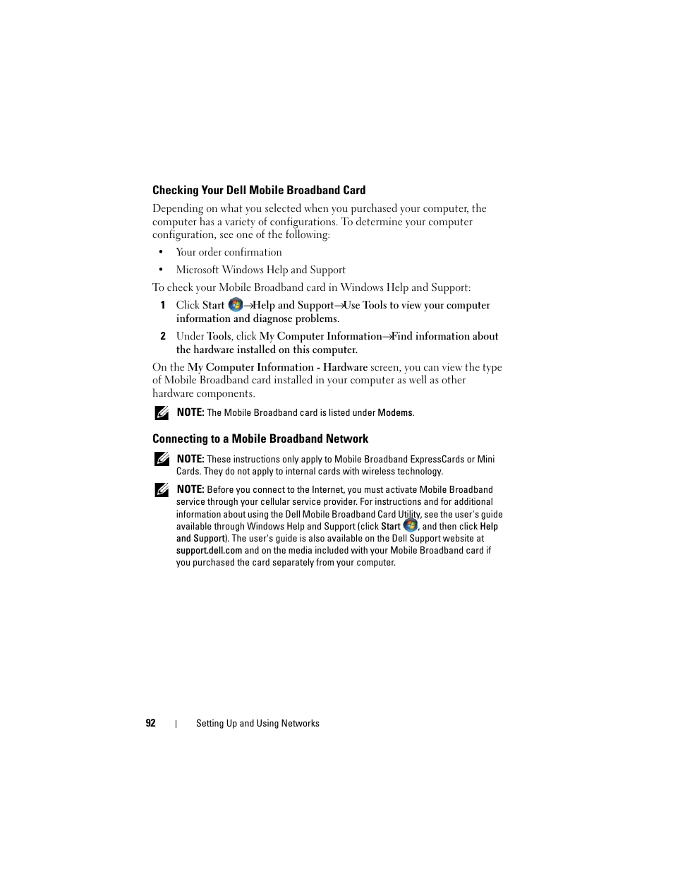 Checking your dell mobile broadband card, Connecting to a mobile broadband network | Dell Inspiron 1720 (Mid 2007) User Manual | Page 92 / 220