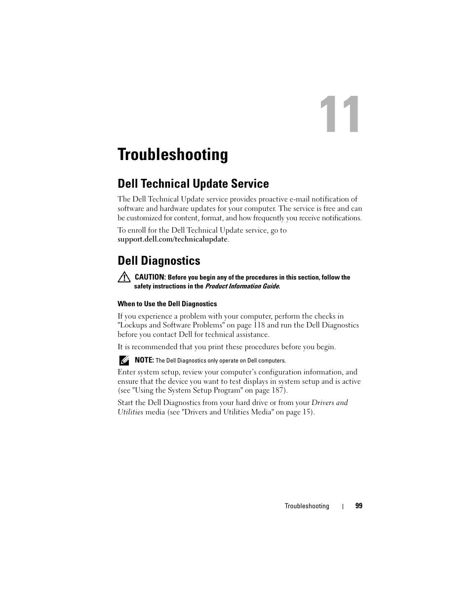 Troubleshooting, Dell technical update service, Dell diagnostics | Dell Inspiron 1720 (Mid 2007) User Manual | Page 99 / 220