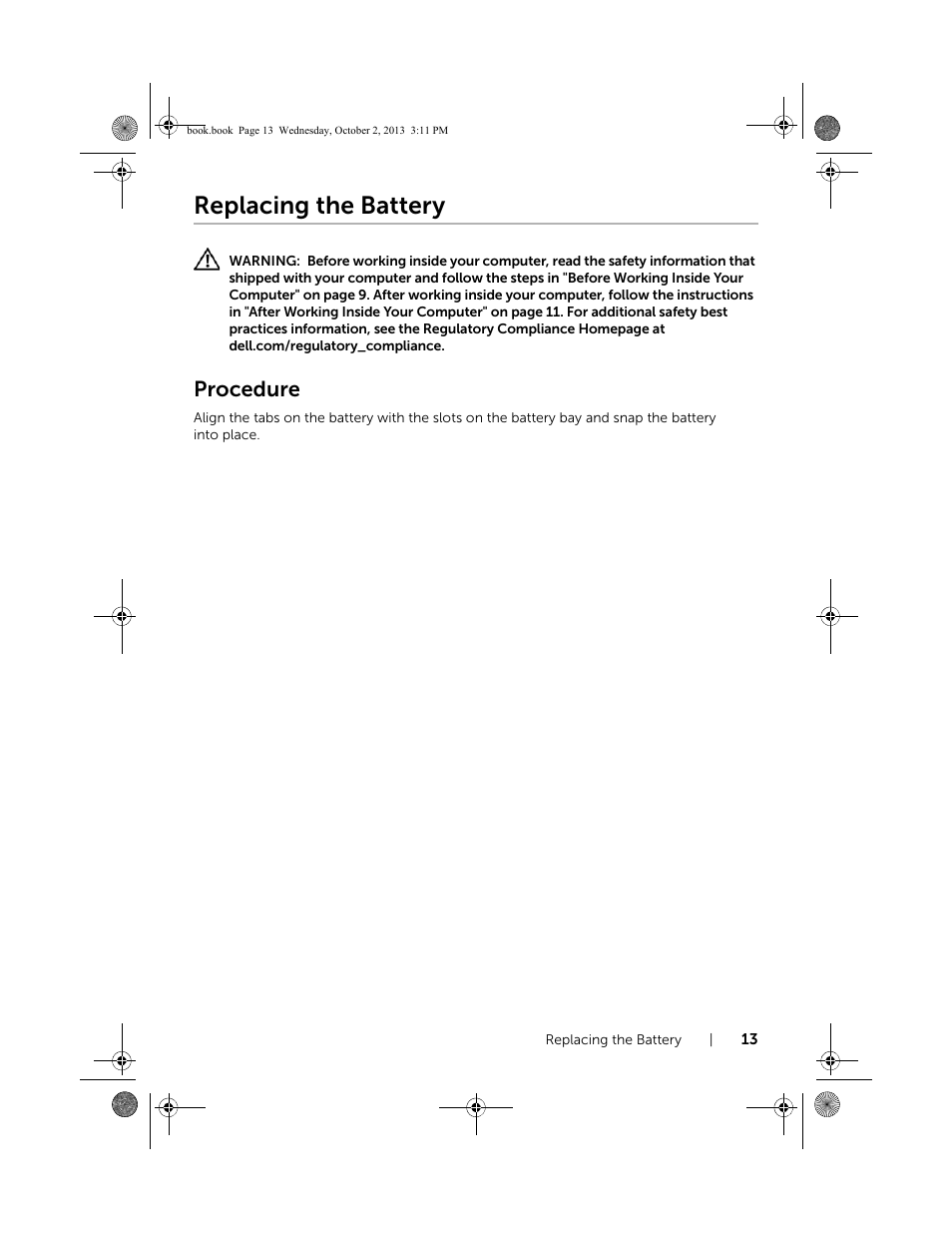 Replacing the battery, Procedure | Dell Inspiron M731R (5735, Late 2013) User Manual | Page 13 / 71