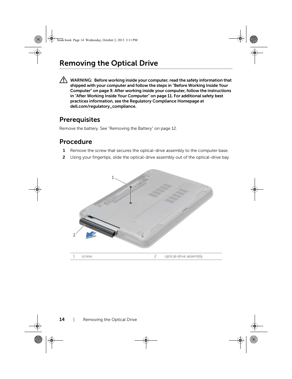 Removing the optical drive, Prerequisites, Procedure | Dell Inspiron M731R (5735, Late 2013) User Manual | Page 14 / 71