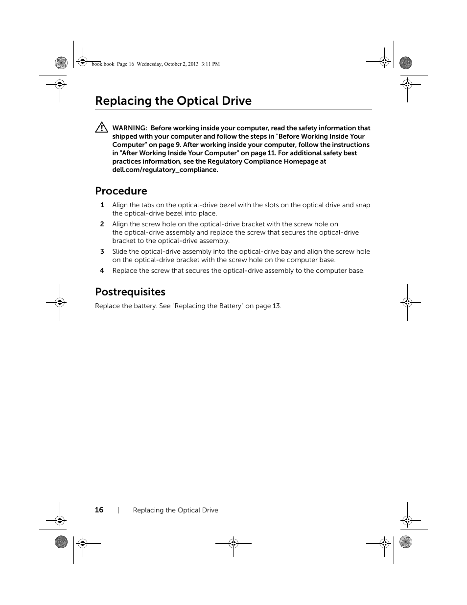 Replacing the optical drive, Procedure, Postrequisites | Dell Inspiron M731R (5735, Late 2013) User Manual | Page 16 / 71