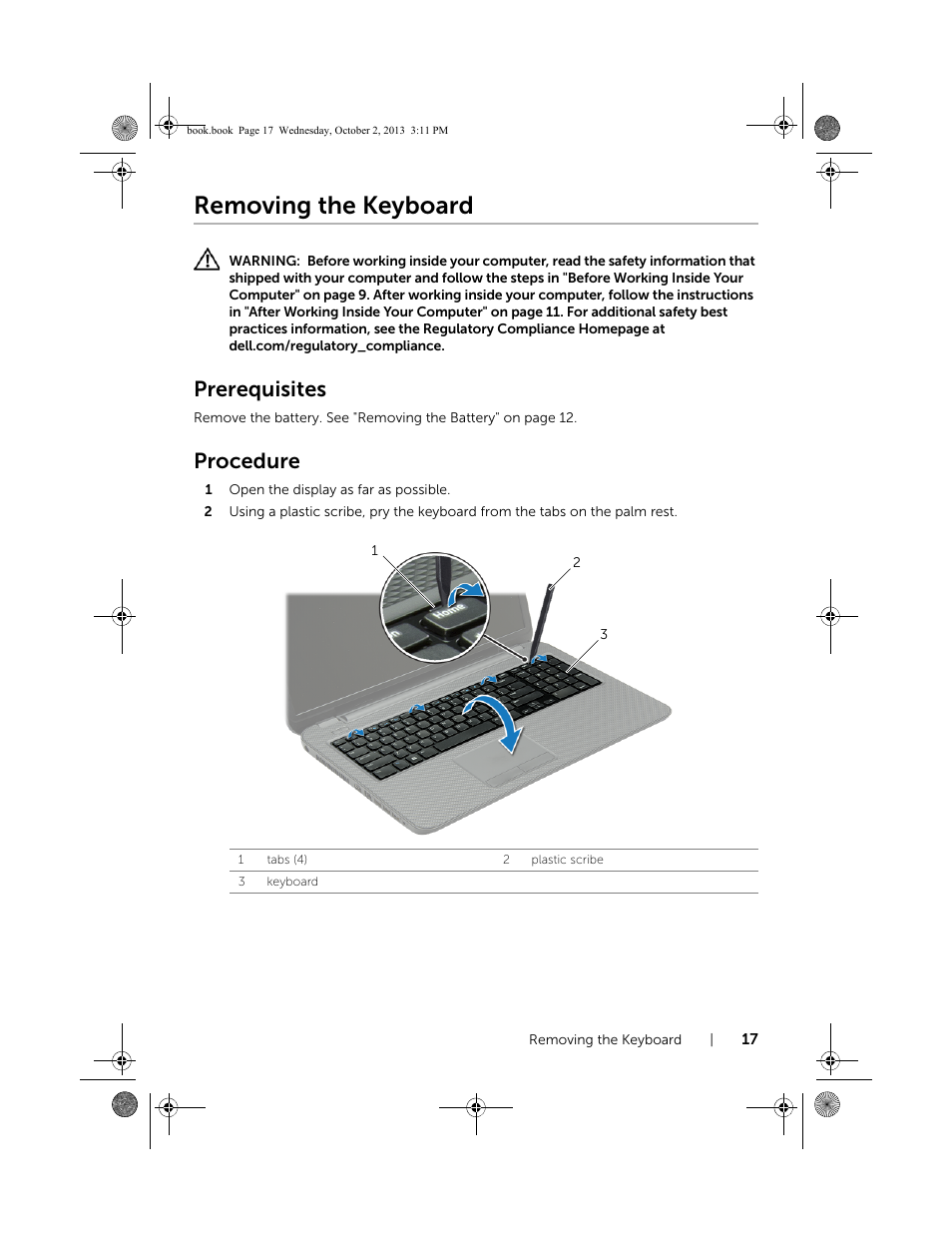 Removing the keyboard, Prerequisites, Procedure | Dell Inspiron M731R (5735, Late 2013) User Manual | Page 17 / 71