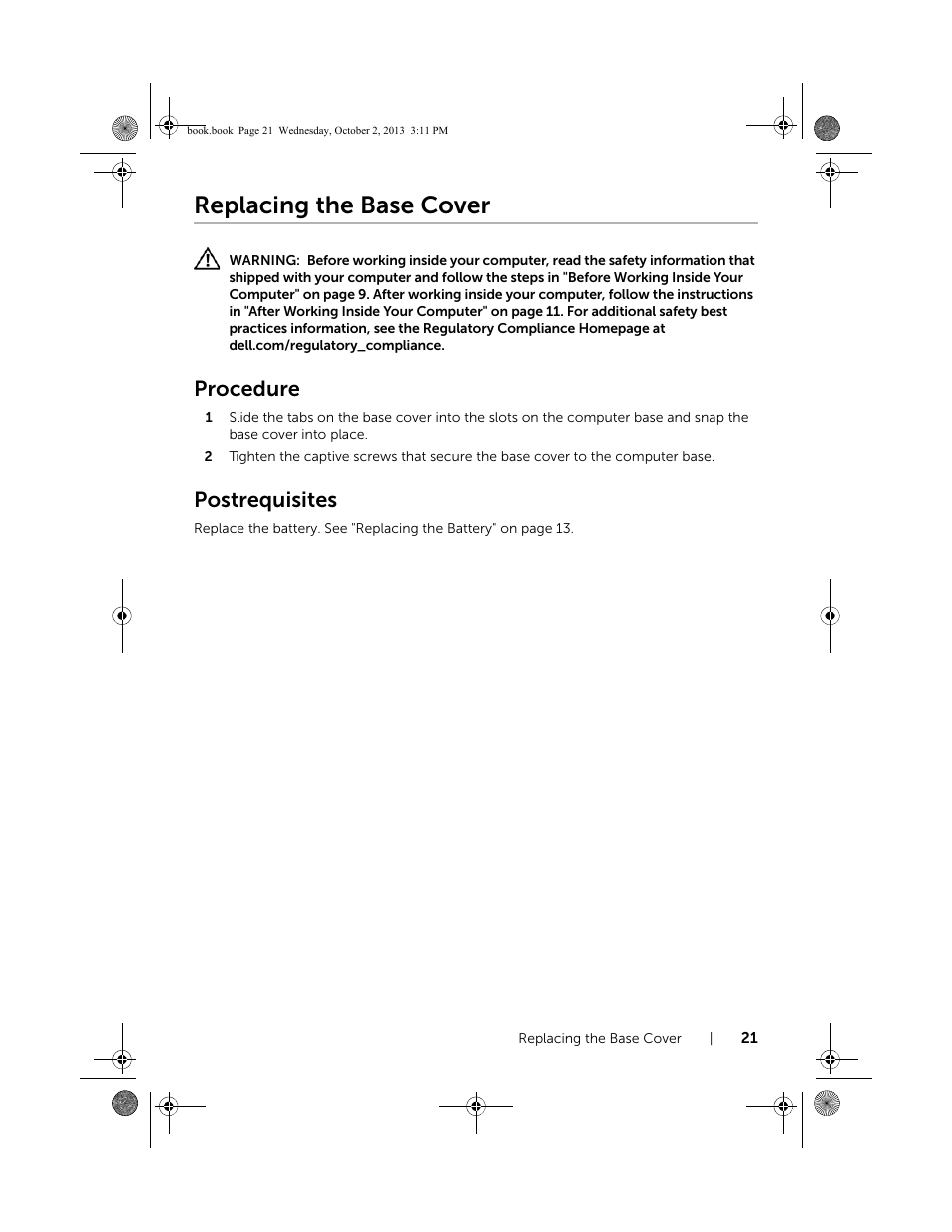 Replacing the base cover, Procedure, Postrequisites | Dell Inspiron M731R (5735, Late 2013) User Manual | Page 21 / 71