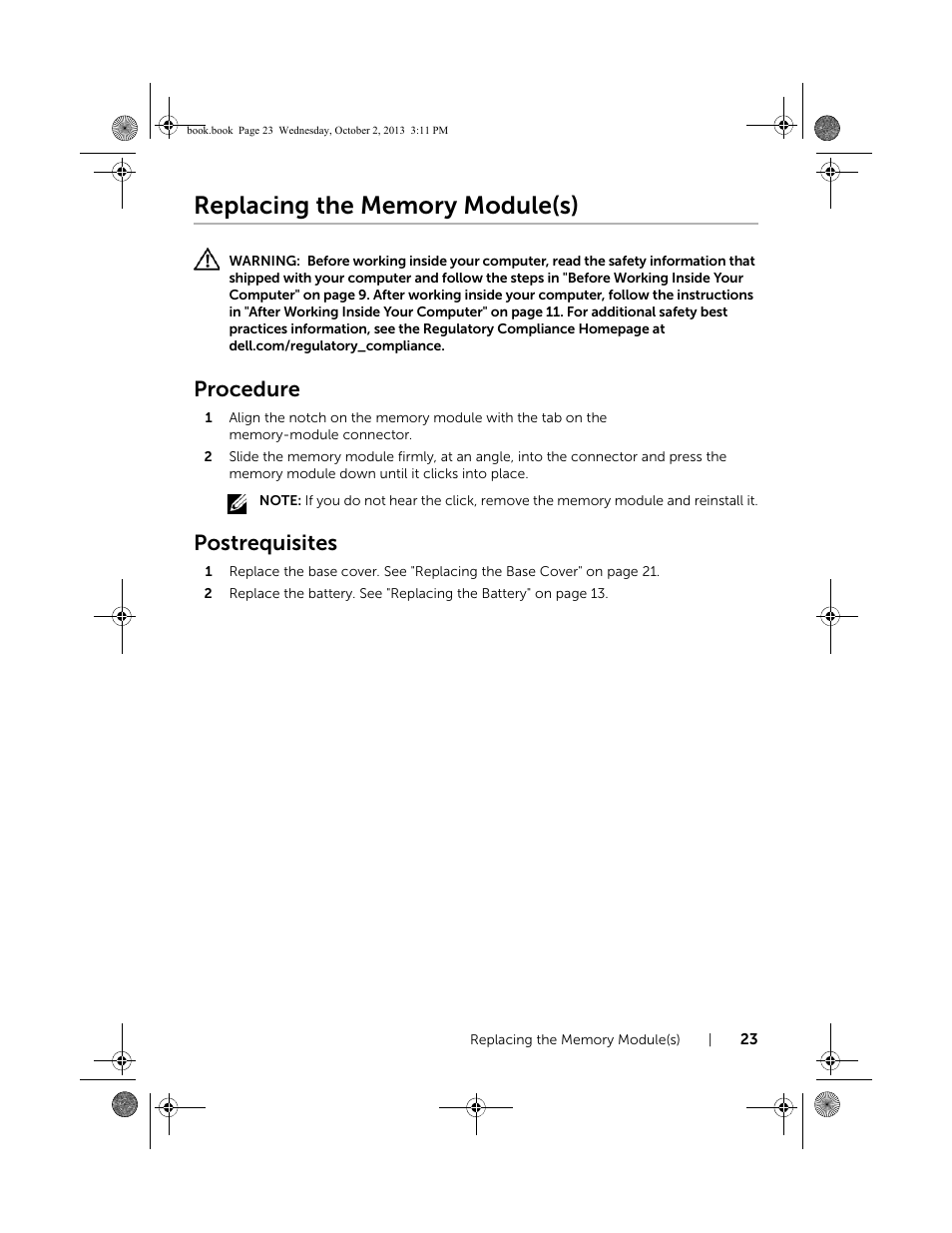 Replacing the memory module(s), Procedure, Postrequisites | Dell Inspiron M731R (5735, Late 2013) User Manual | Page 23 / 71