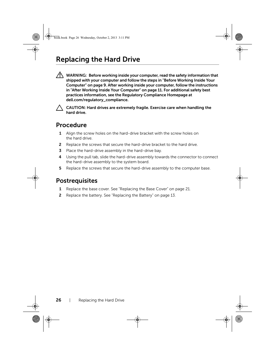 Replacing the hard drive, Procedure, Postrequisites | Dell Inspiron M731R (5735, Late 2013) User Manual | Page 26 / 71