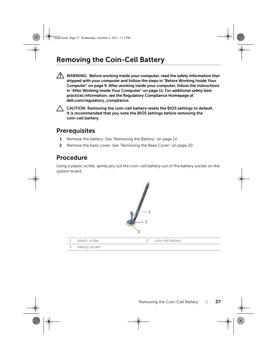 Removing the coin-cell battery, Prerequisites, Procedure | Dell Inspiron M731R (5735, Late 2013) User Manual | Page 27 / 71