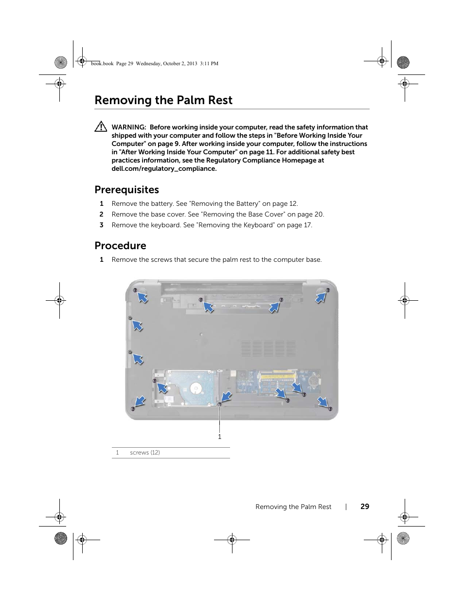 Removing the palm rest, Prerequisites, Procedure | Dell Inspiron M731R (5735, Late 2013) User Manual | Page 29 / 71