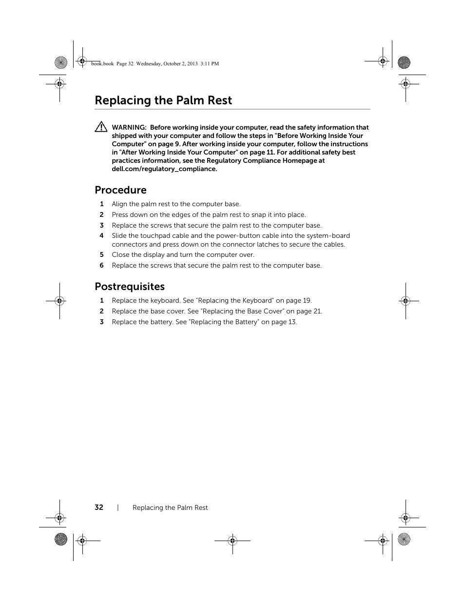 Replacing the palm rest, Procedure, Postrequisites | Dell Inspiron M731R (5735, Late 2013) User Manual | Page 32 / 71