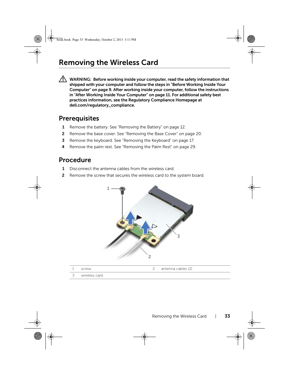 Removing the wireless card, Prerequisites, Procedure | Dell Inspiron M731R (5735, Late 2013) User Manual | Page 33 / 71