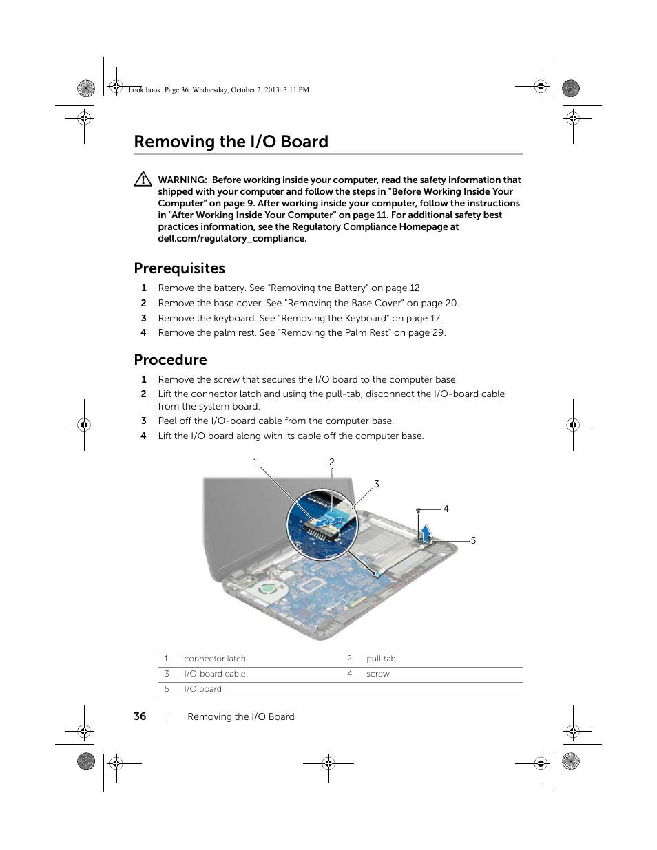 Removing the i/o board, Prerequisites, Procedure | Dell Inspiron M731R (5735, Late 2013) User Manual | Page 36 / 71