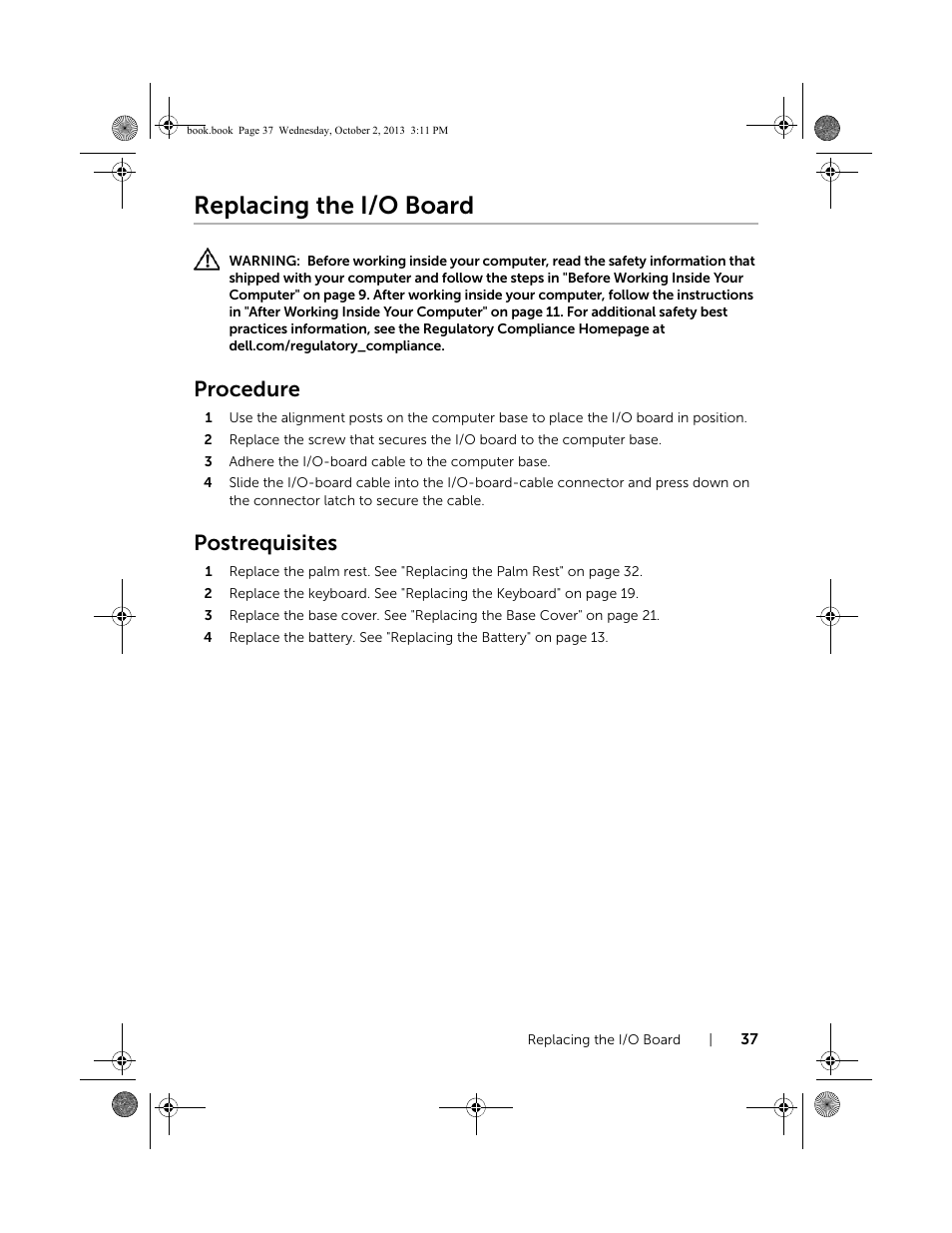 Replacing the i/o board, Procedure, Postrequisites | Dell Inspiron M731R (5735, Late 2013) User Manual | Page 37 / 71