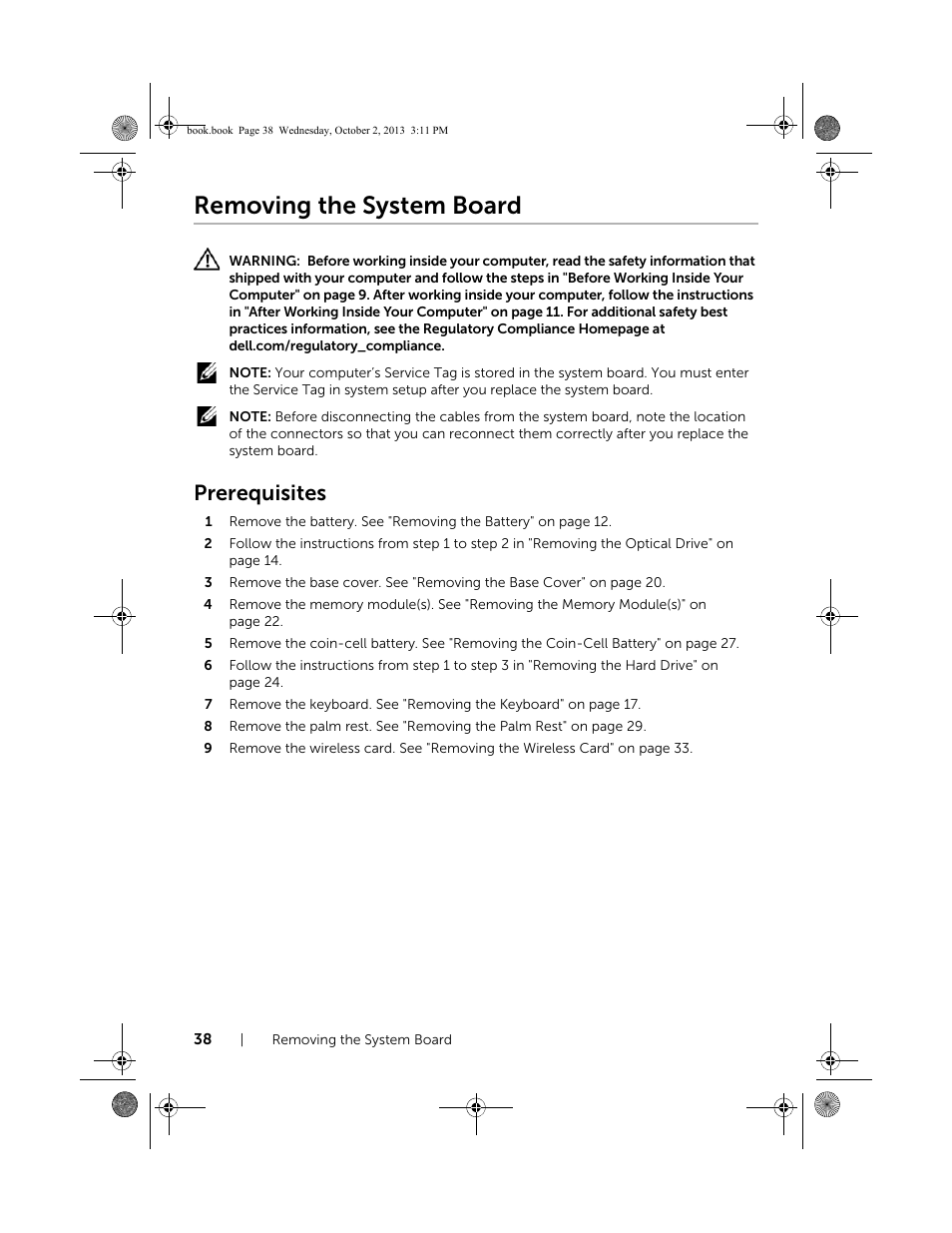 Removing the system board, Prerequisites | Dell Inspiron M731R (5735, Late 2013) User Manual | Page 38 / 71