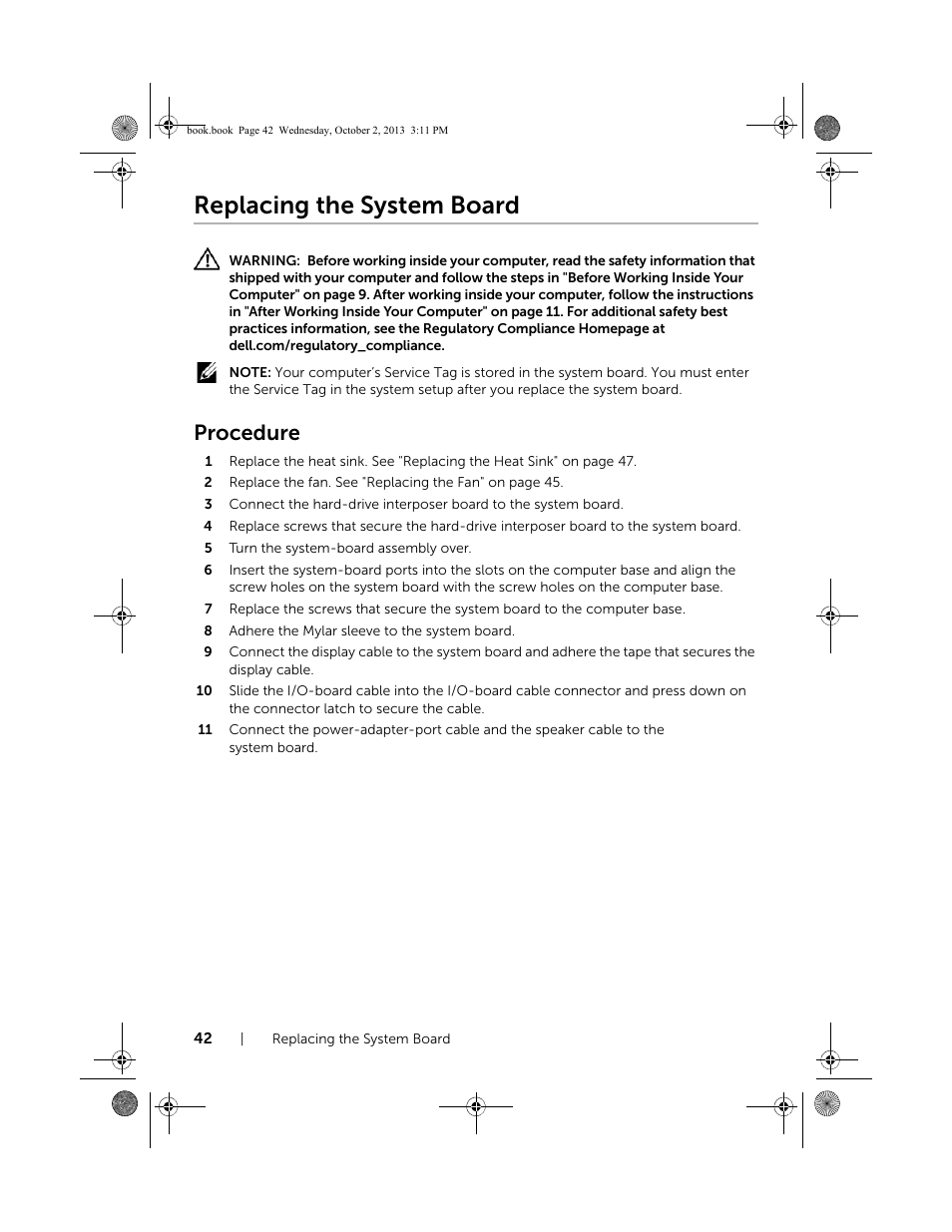 Replacing the system board, Procedure | Dell Inspiron M731R (5735, Late 2013) User Manual | Page 42 / 71