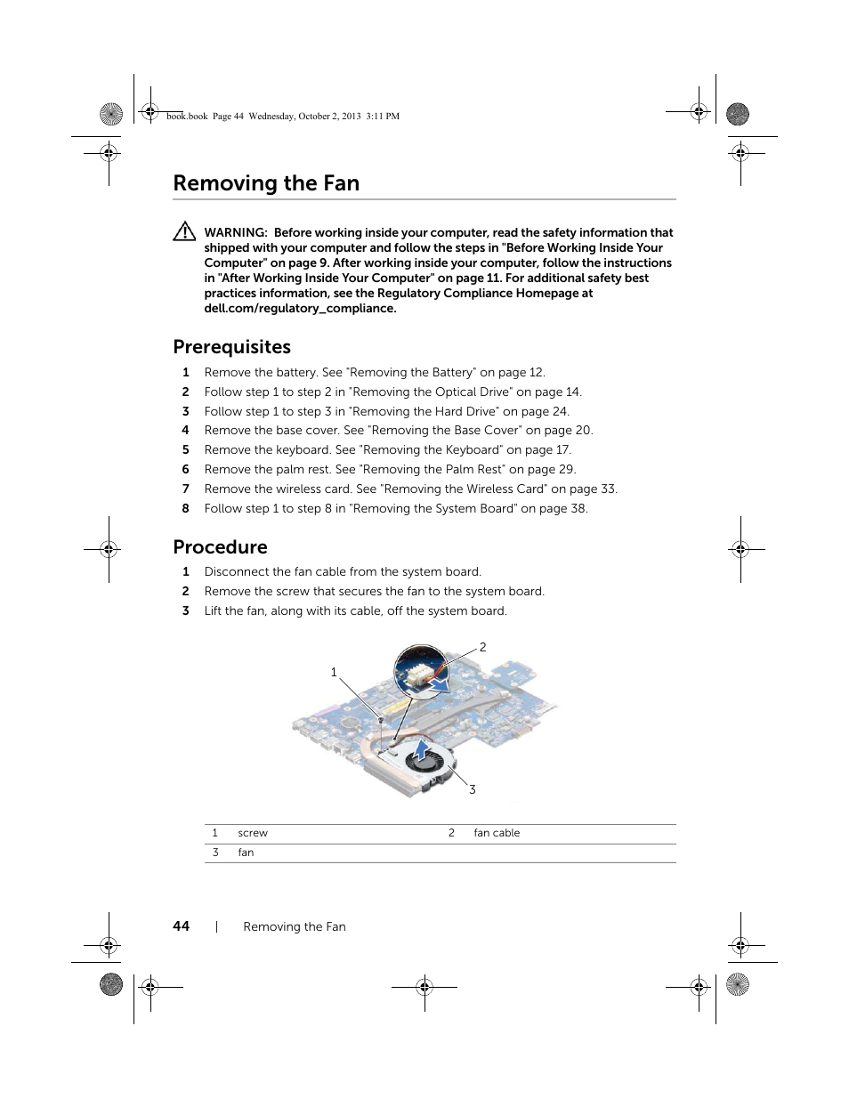 Removing the fan, Prerequisites, Procedure | Dell Inspiron M731R (5735, Late 2013) User Manual | Page 44 / 71