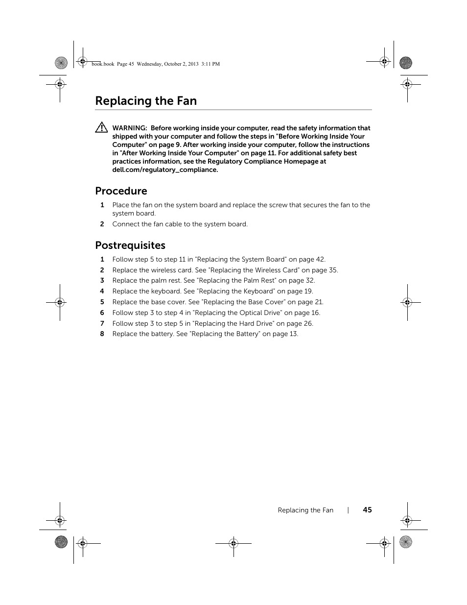 Replacing the fan, Procedure, Postrequisites | Dell Inspiron M731R (5735, Late 2013) User Manual | Page 45 / 71