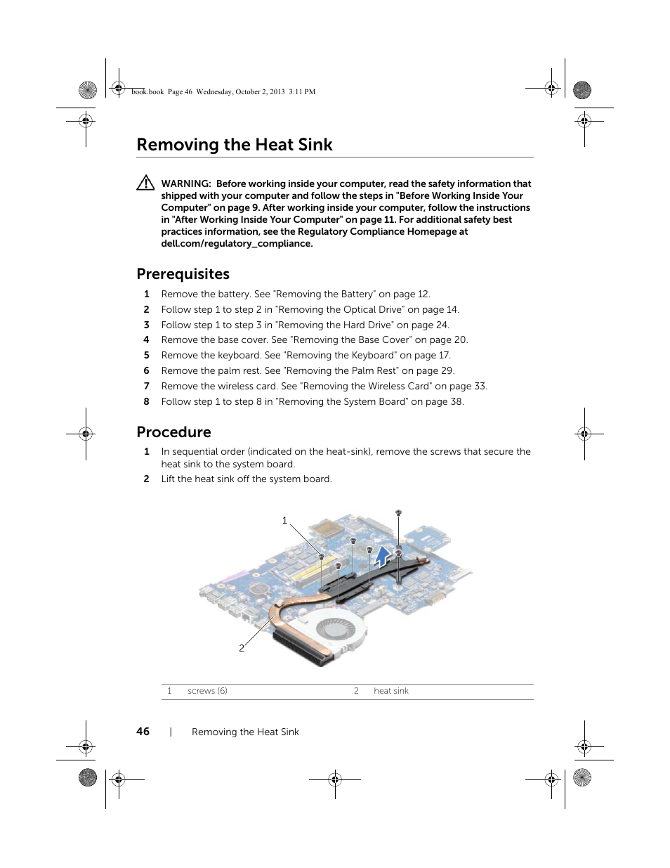 Removing the heat sink, Prerequisites, Procedure | Dell Inspiron M731R (5735, Late 2013) User Manual | Page 46 / 71