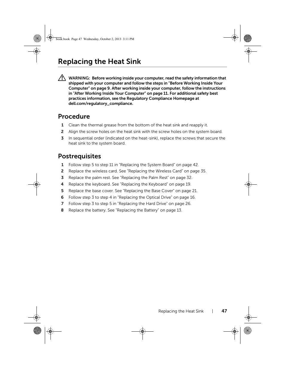 Replacing the heat sink, Procedure, Postrequisites | Dell Inspiron M731R (5735, Late 2013) User Manual | Page 47 / 71