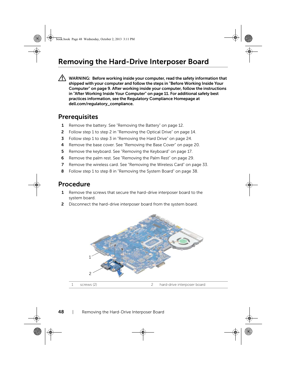 Removing the hard-drive interposer board, Prerequisites, Procedure | Dell Inspiron M731R (5735, Late 2013) User Manual | Page 48 / 71