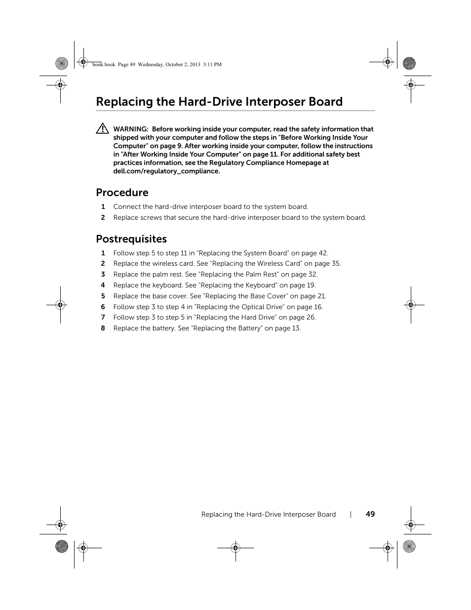 Replacing the hard-drive interposer board, Procedure, Postrequisites | Dell Inspiron M731R (5735, Late 2013) User Manual | Page 49 / 71