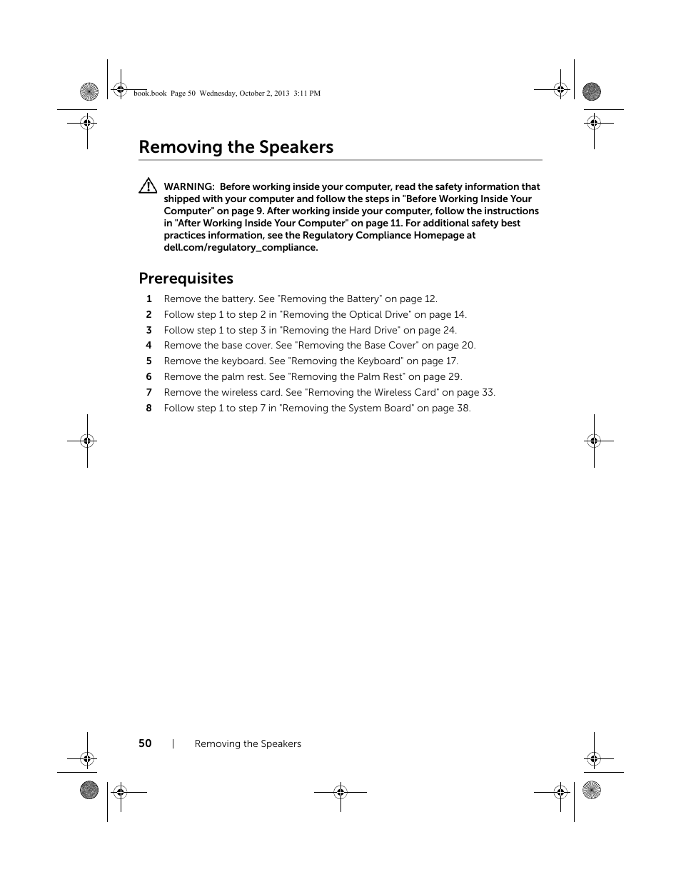 Removing the speakers, Prerequisites | Dell Inspiron M731R (5735, Late 2013) User Manual | Page 50 / 71