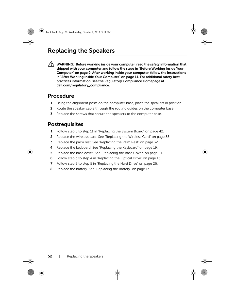 Replacing the speakers, Procedure, Postrequisites | Dell Inspiron M731R (5735, Late 2013) User Manual | Page 52 / 71