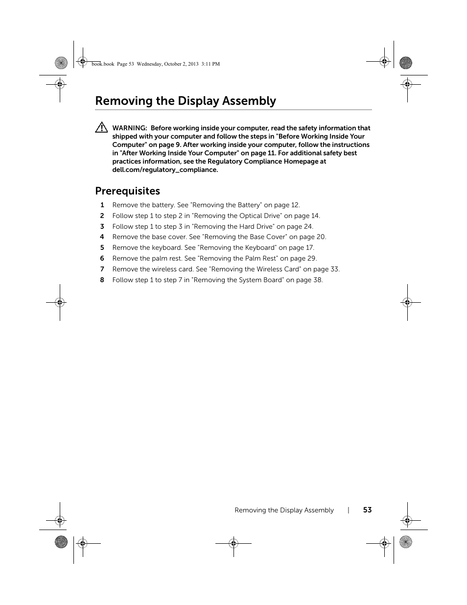 Removing the display assembly, Prerequisites | Dell Inspiron M731R (5735, Late 2013) User Manual | Page 53 / 71