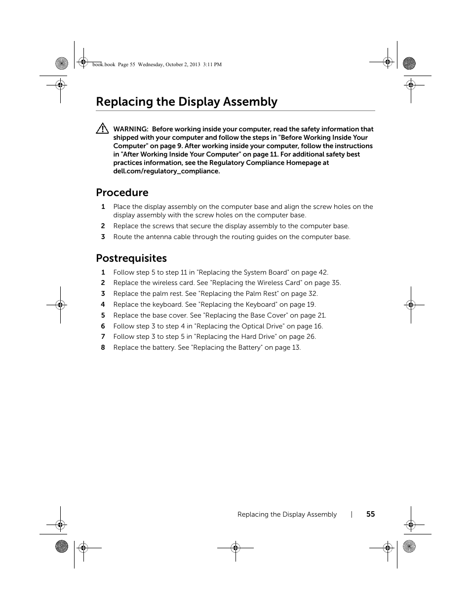 Replacing the display assembly, Procedure, Postrequisites | Dell Inspiron M731R (5735, Late 2013) User Manual | Page 55 / 71