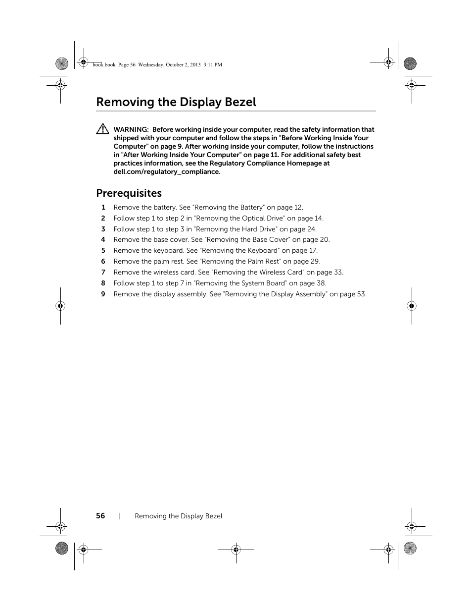 Removing the display bezel, Prerequisites | Dell Inspiron M731R (5735, Late 2013) User Manual | Page 56 / 71