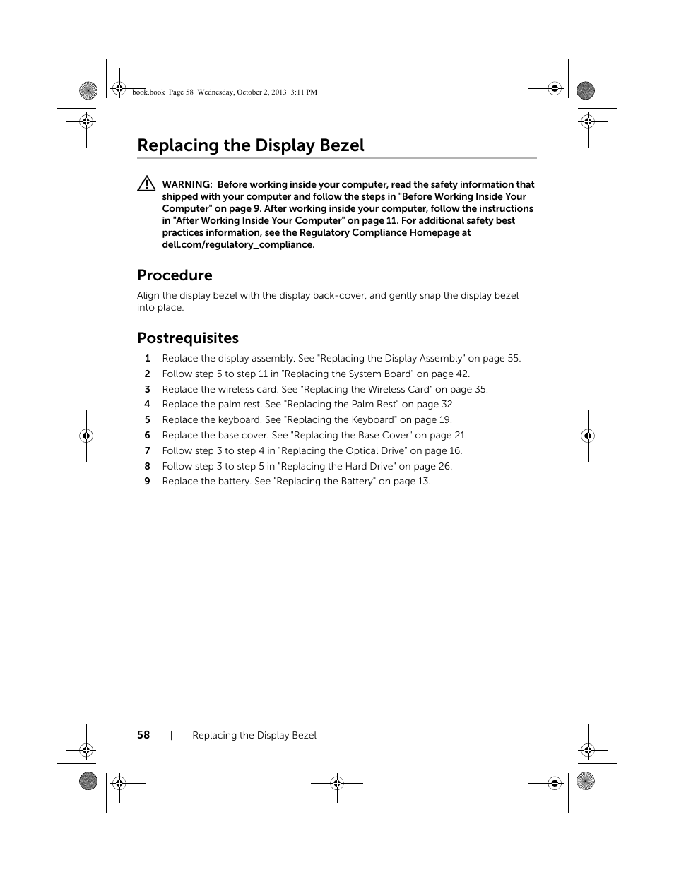 Replacing the display bezel, Procedure, Postrequisites | Dell Inspiron M731R (5735, Late 2013) User Manual | Page 58 / 71